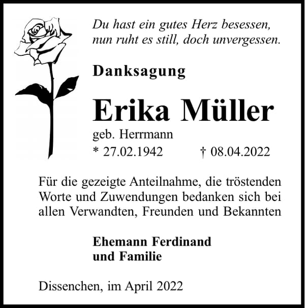 Danksagung Erika Müller, geb. Herrmann