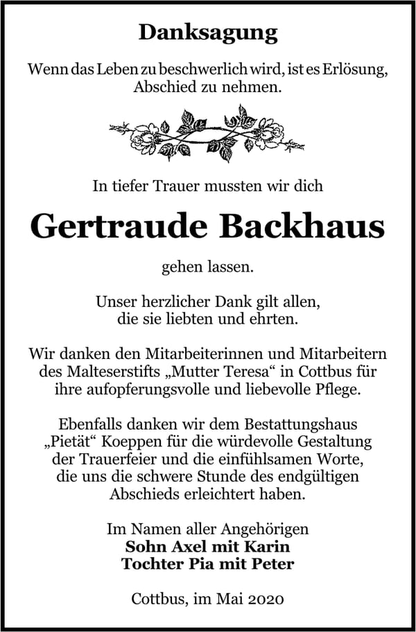 Danksagung Gertraude Backhaus