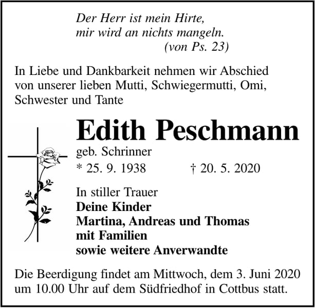 Traueranzeige Edith Peschmann, geb. Schrinner