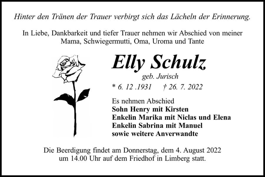 Traueranzeige Elly Schulz, geb. Jurisch
