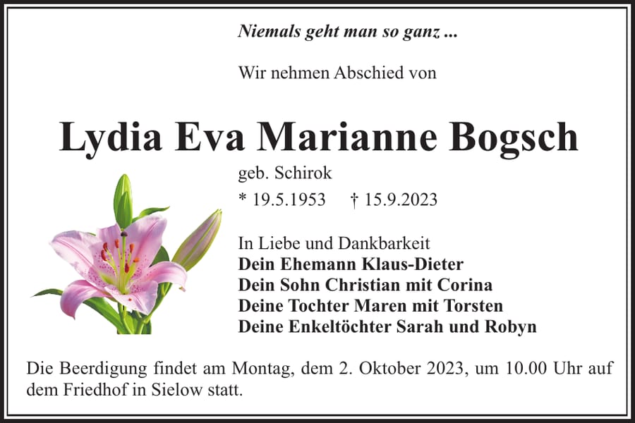 Traueranzeige Lydia Eva Marianne Bogsch, geb. Schirok