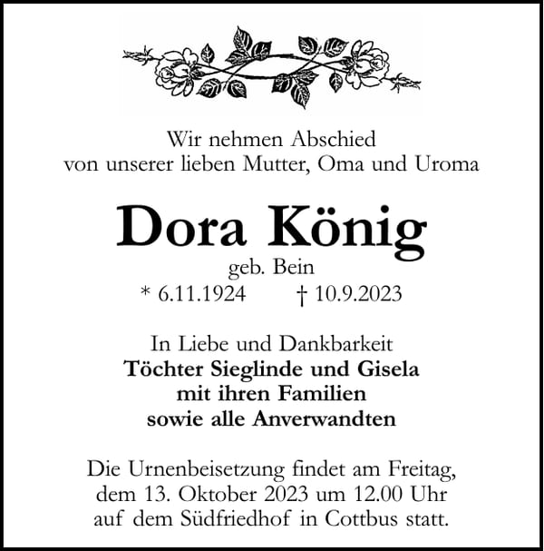 Traueranzeige Dora König, geb. Bein