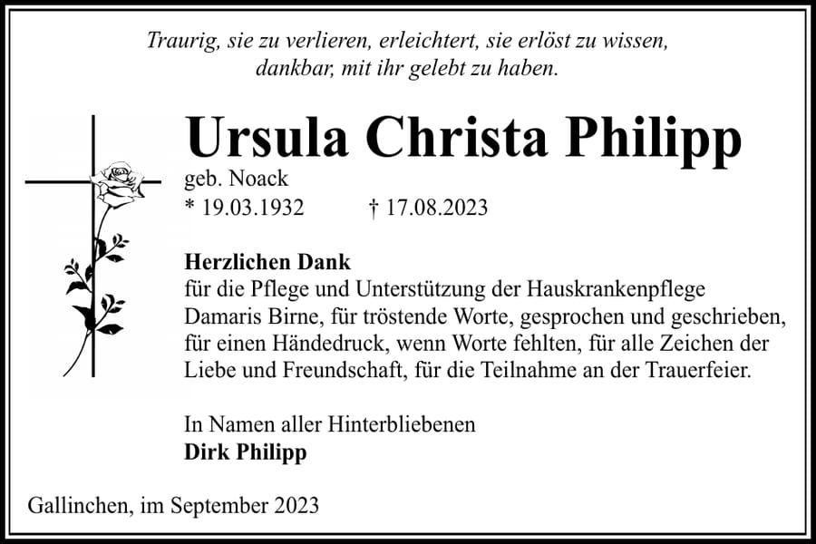 Danksagung Ursula Christa Philipp, geb. Noack