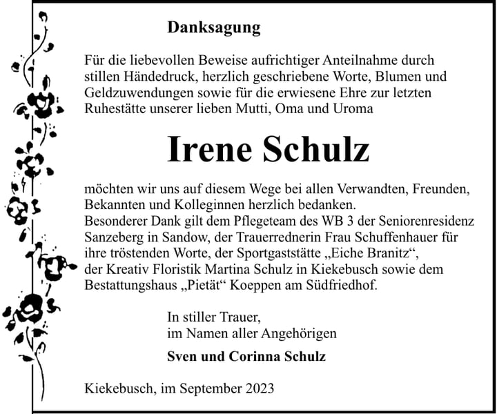 Danksagung Irene Schulz