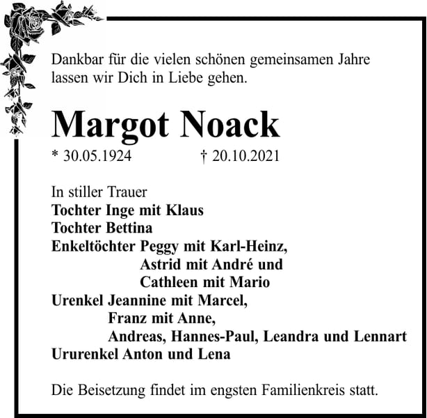 Traueranzeige Margot Noack