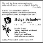 Traueranzeige Helga Schadow, geb. Heinze