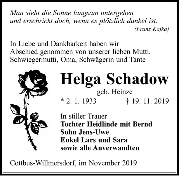 Traueranzeige Helga Schadow, geb. Heinze