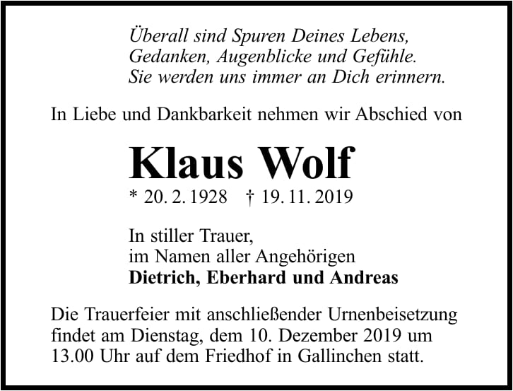 Traueranzeige Klaus Wolf