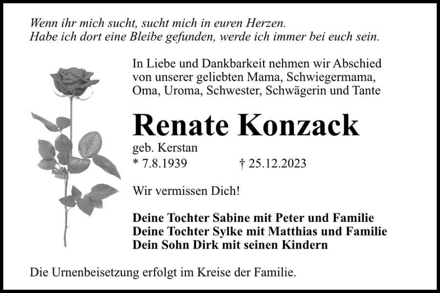 Traueranzeige Renate Konzack, geb. Kerstan