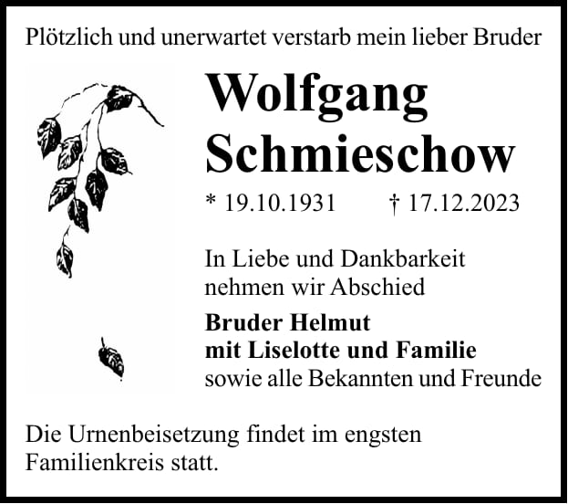 Traueranzeige Wolfgang Schmieschow