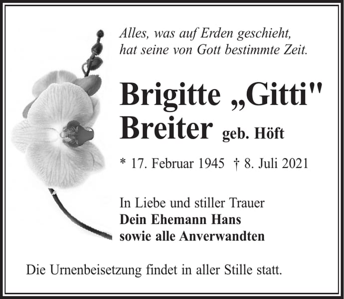 Traueranzeige Brigitte „Gitti“ Breiter, geb. Höft