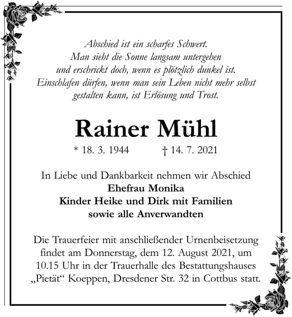 Traueranzeige Rainer Mühl