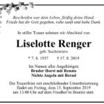 Traueranzeige Liselotte Renger, geb. Suchowiers
