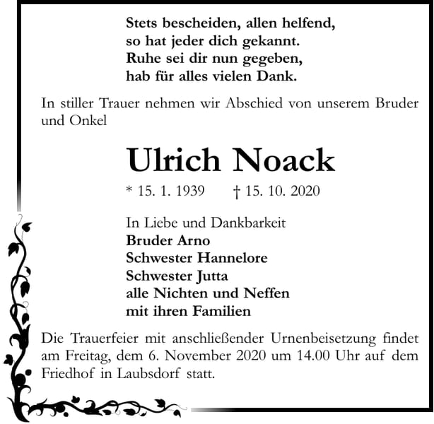 Traueranzeige Ulrich Noack
