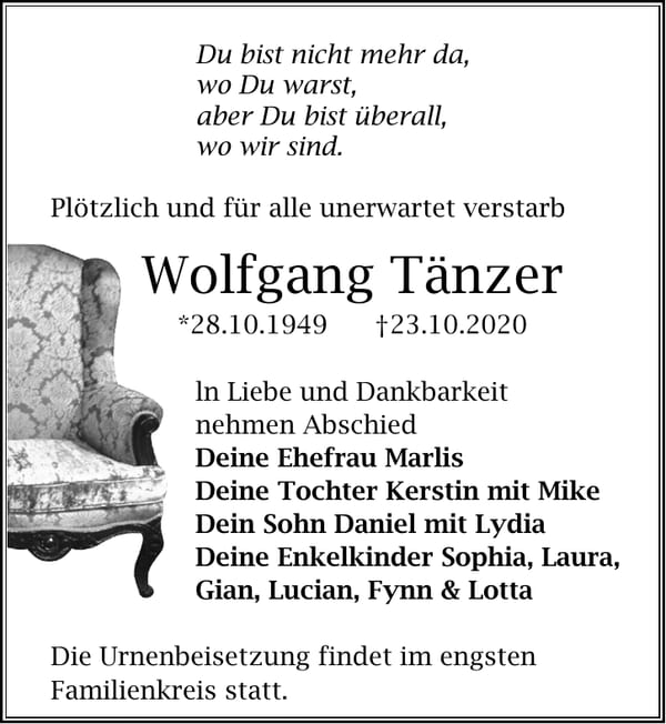 Traueranzeige Wolfgang Tänzer