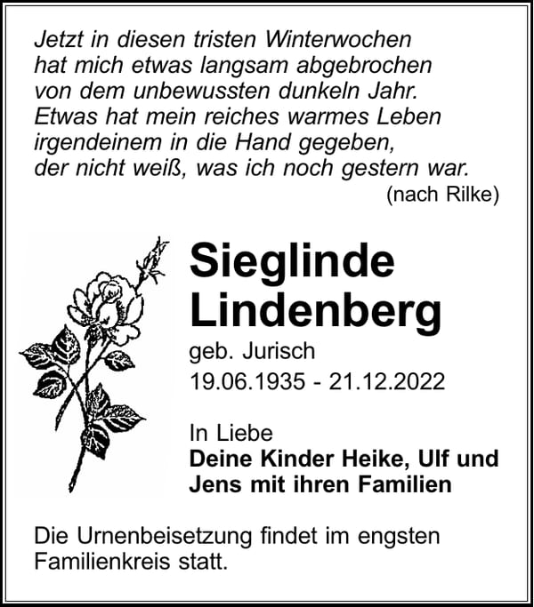 Traueranzeige Sieglinde Lindenberg, geb. Jurisc