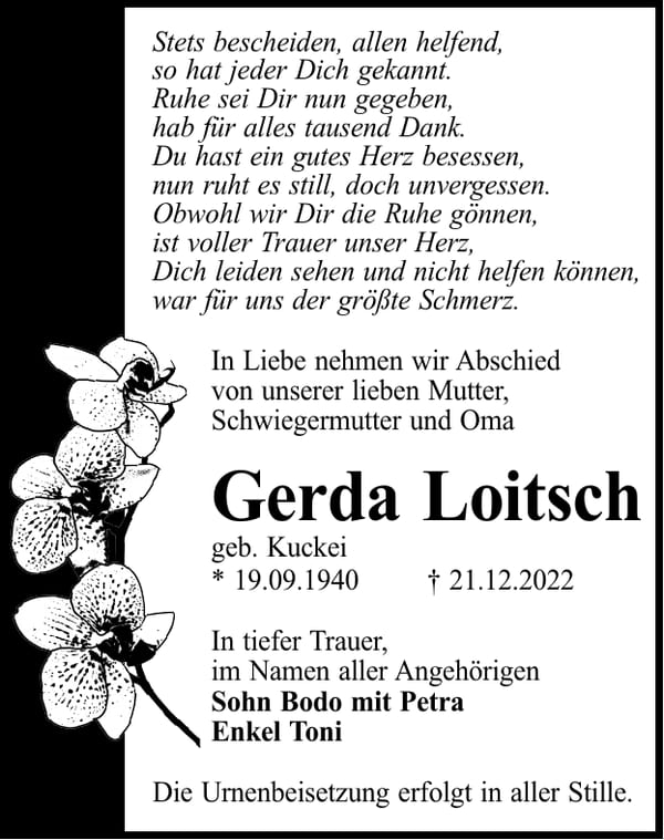 Traueranzeige Gerda Loitsch, geb. Kuckei