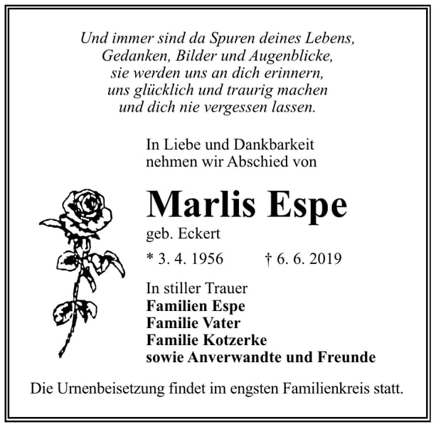 Traueranzeige Marlis Espe, geb. Eckert