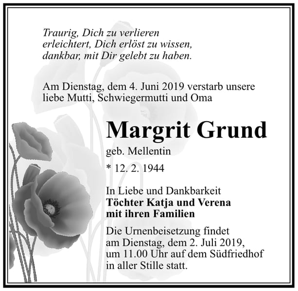 Traueranzeige Margrit Grund, geb. Mellentin