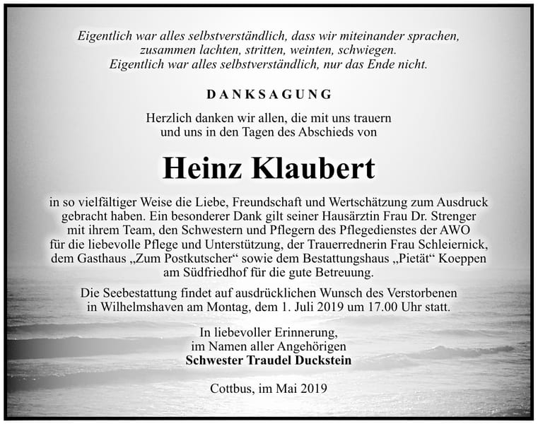Traueranzeige Heinz Klaubert