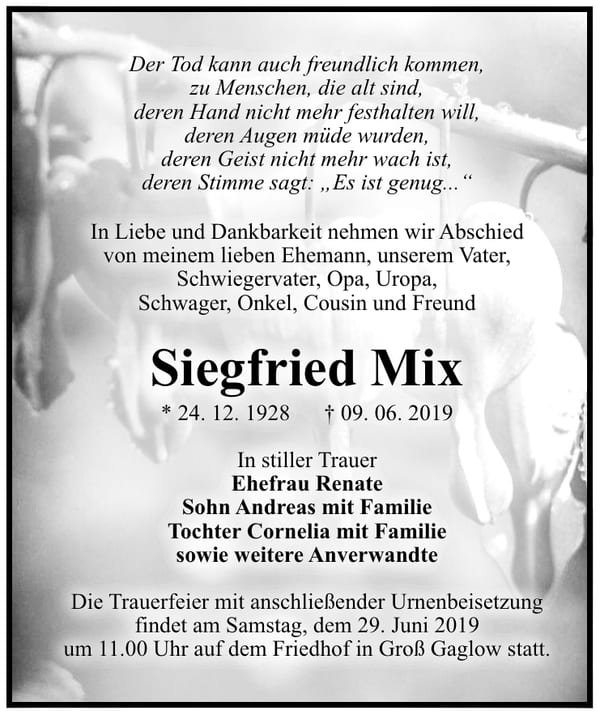 Traueranzeige Siegfried Mix