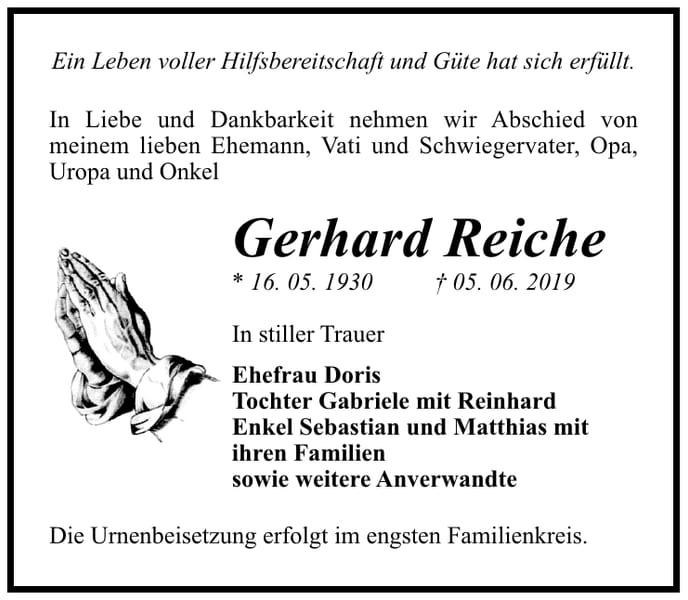 Traueranzeige Gerhard Reiche