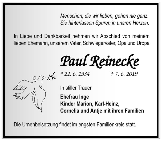 Traueranzeige Paul Reinecke