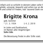 Traueranzeige Brigitte Krona, geb. Sommer