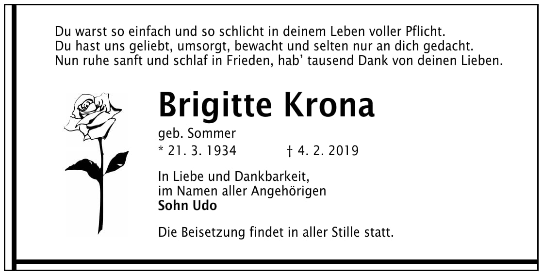 Traueranzeige Brigitte Krona, geb. Sommer