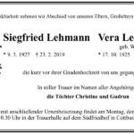 Traueranzeige Siegfried Lehmann und Vera Lehmann, geb. Wagner