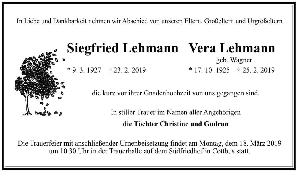 Traueranzeige Siegfried Lehmann und Vera Lehmann, geb. Wagner