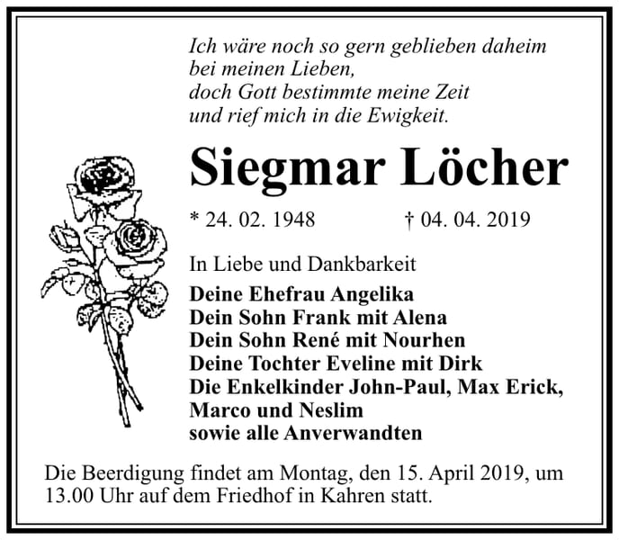 Traueranzeige Siegmar Löcher