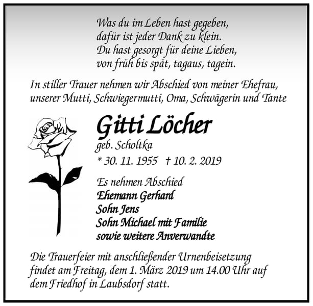 Traueranzeige Gitti Löcher, geb. Scholtka