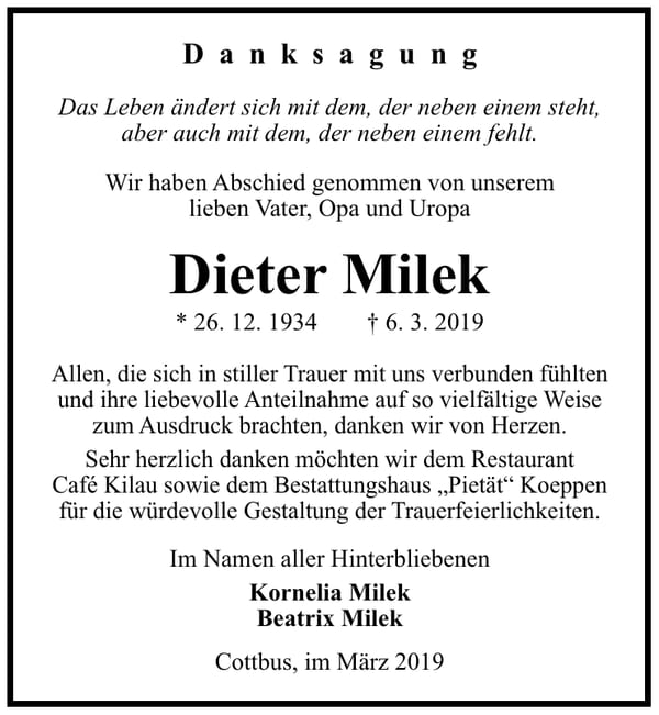 Traueranzeige Dieter Milek