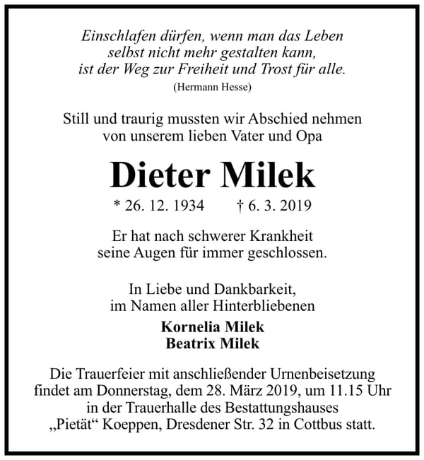 Traueranzeige Dieter Milek