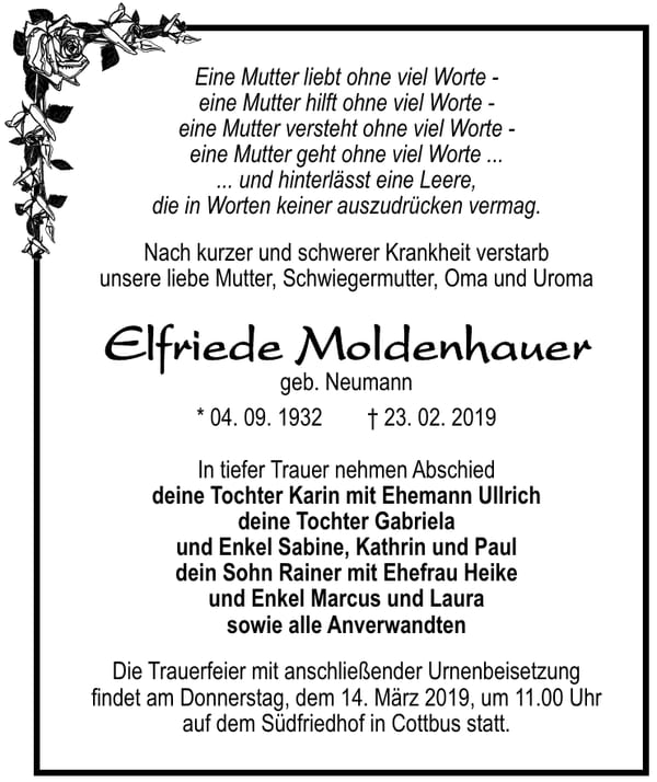 Traueranzeige Elfriede Moldenhauer, geb. Neumann