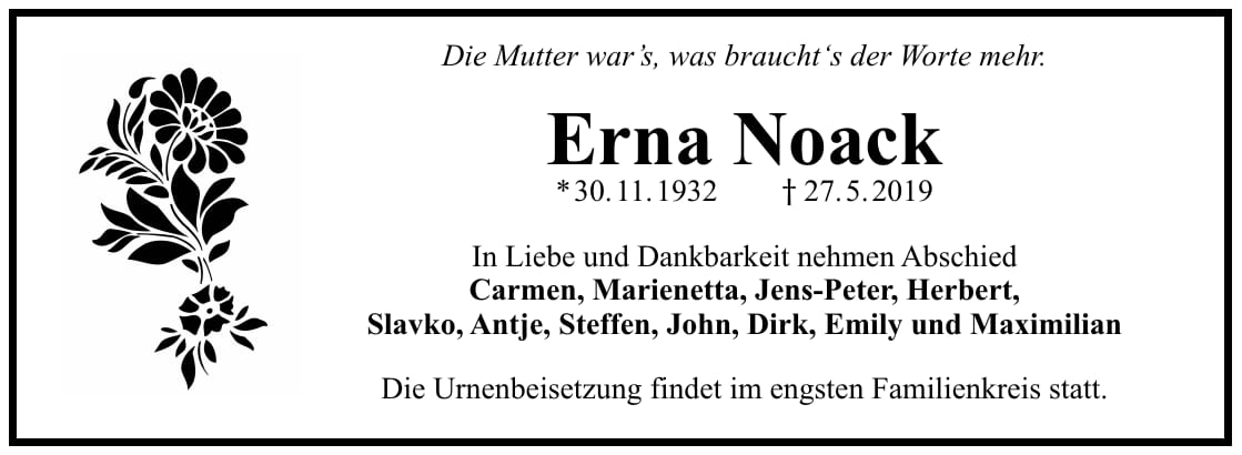 Traueranzeige Erna Noack