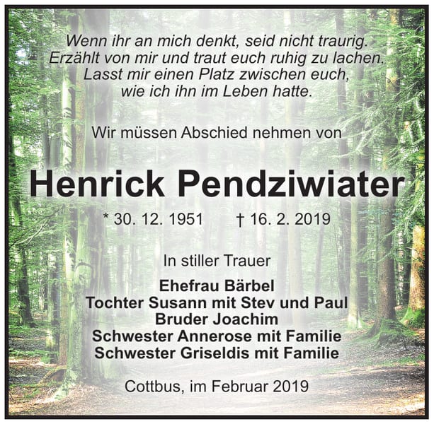Traueranzeige Henrick Pendziwiater