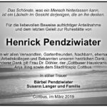 Traueranzeige Henrick Pendziwiater