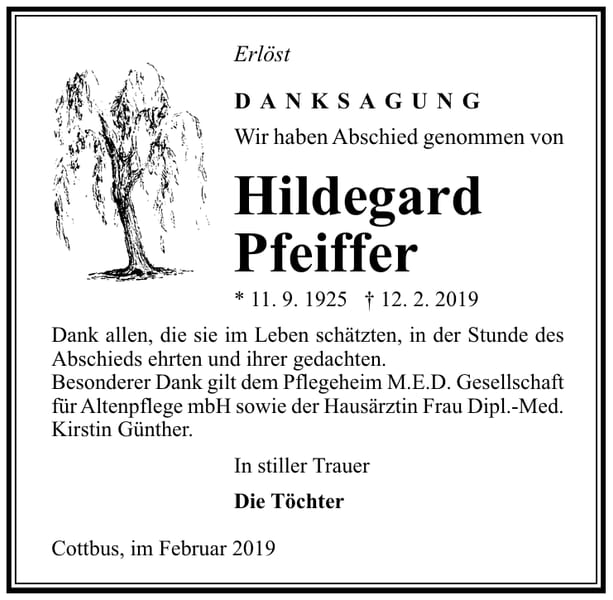 Traueranzeige Hildegard Pfeiffer