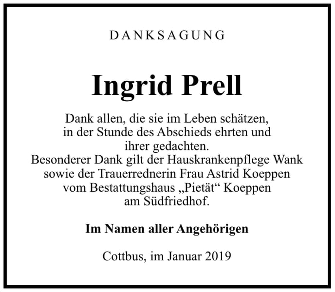 Traueranzeige Ingrid Prell