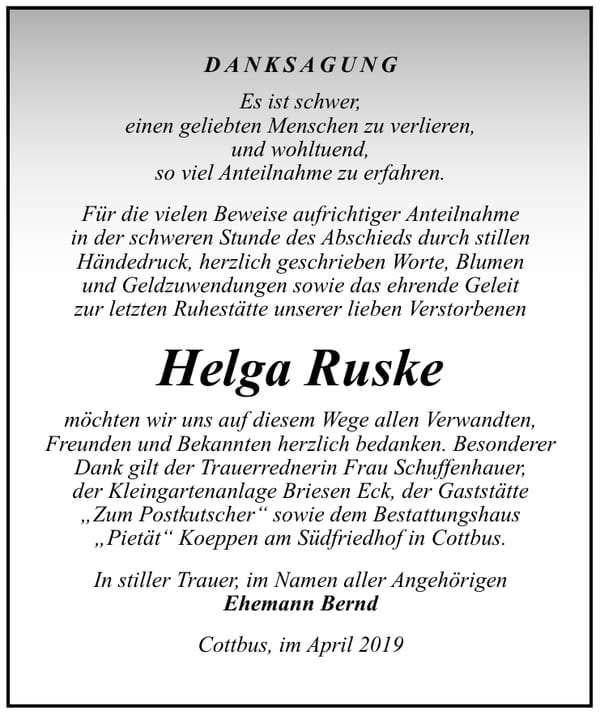 Traueranzeige Helga Ruske