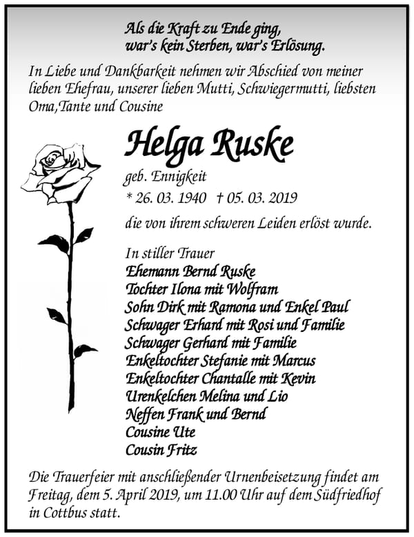Traueranzeige Helga Ruske, geb. Ennigkeit