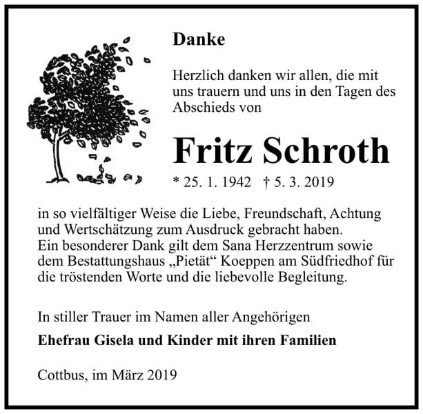 Traueranzeige Fritz Schroth