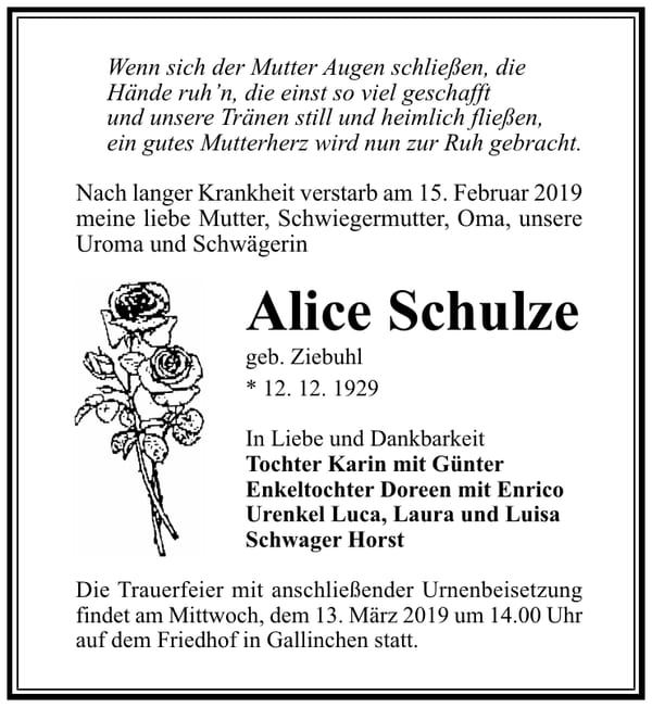 Traueranzeige Alice Schulze, geb. Ziebuhl