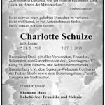 Traueranzeige Charlotte Schulze, geb. Lange