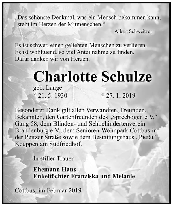 Traueranzeige Charlotte Schulze, geb. Lange