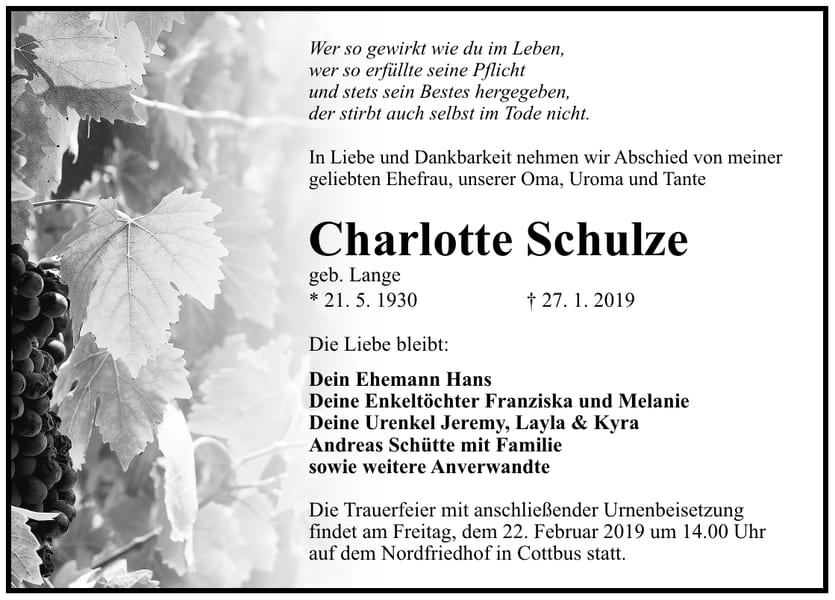 Traueranzeige Charlotte Schulze, geb. Lange