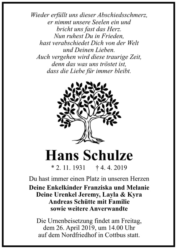 Traueranzeige Hans Schulze