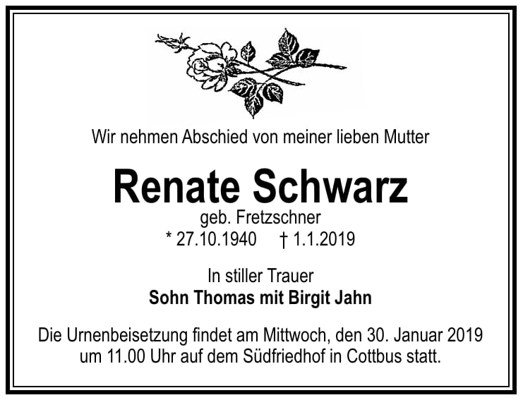 Traueranzeige Renate Schwarz, geb. Fretzschner